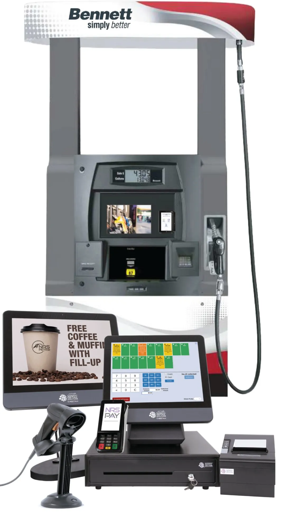 A grey Bennett fuel dispenser, its canopy reading Bennett simply better, in front of an NRS Petro point-of-sale set: customer screen, touchscreen register, NRS Pay card terminal, barcode scanner, cash drawer and receipt printer.