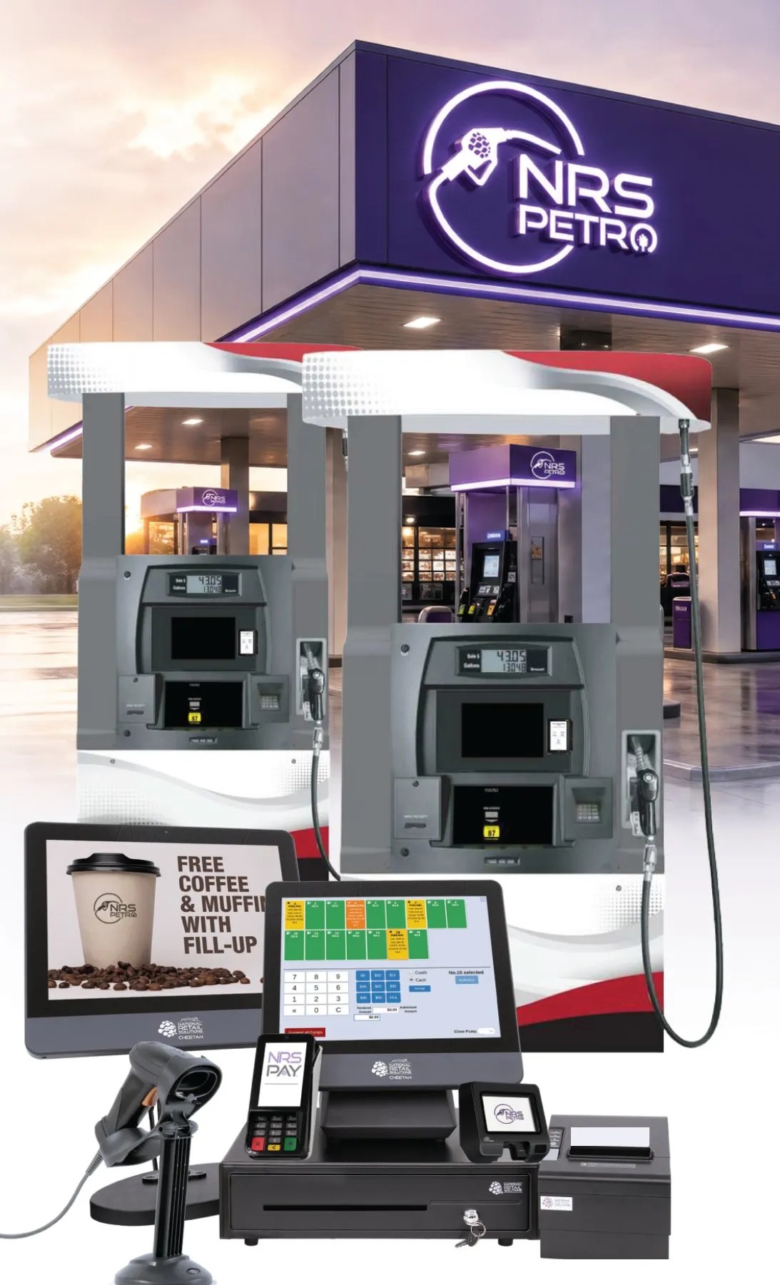 Grey fuel dispensers under an NRS Petro-branded gas station canopy, with an NRS Petro point-of-sale set in front.